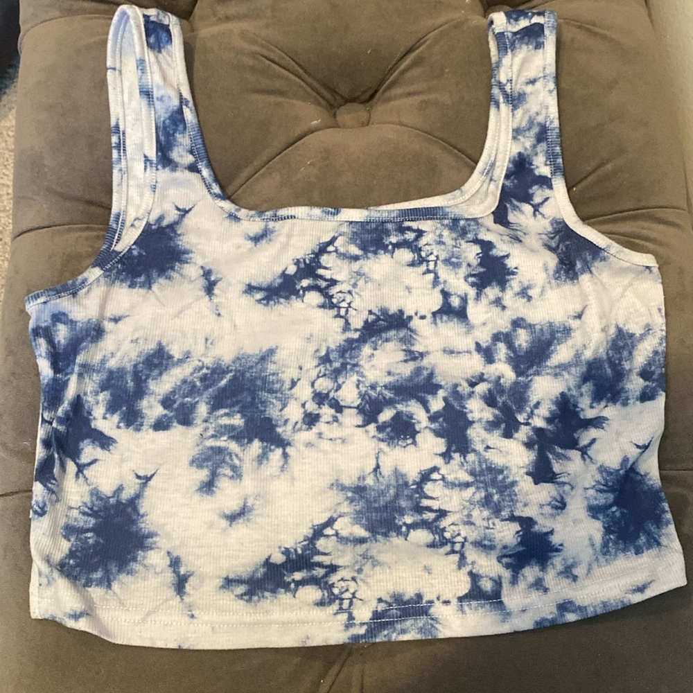 White & Blue Tie Dye, Medium, Cropped Tank Top